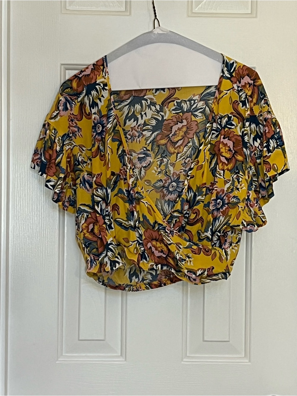 Women’s Floral Faux Wrap Crop Top & Matching Short Set- Mustard Yellow